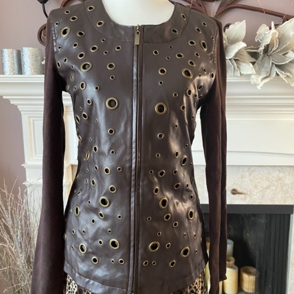 Color Works Leather/Rayon Brown Sweater, Size Small - Picture 2 of 13